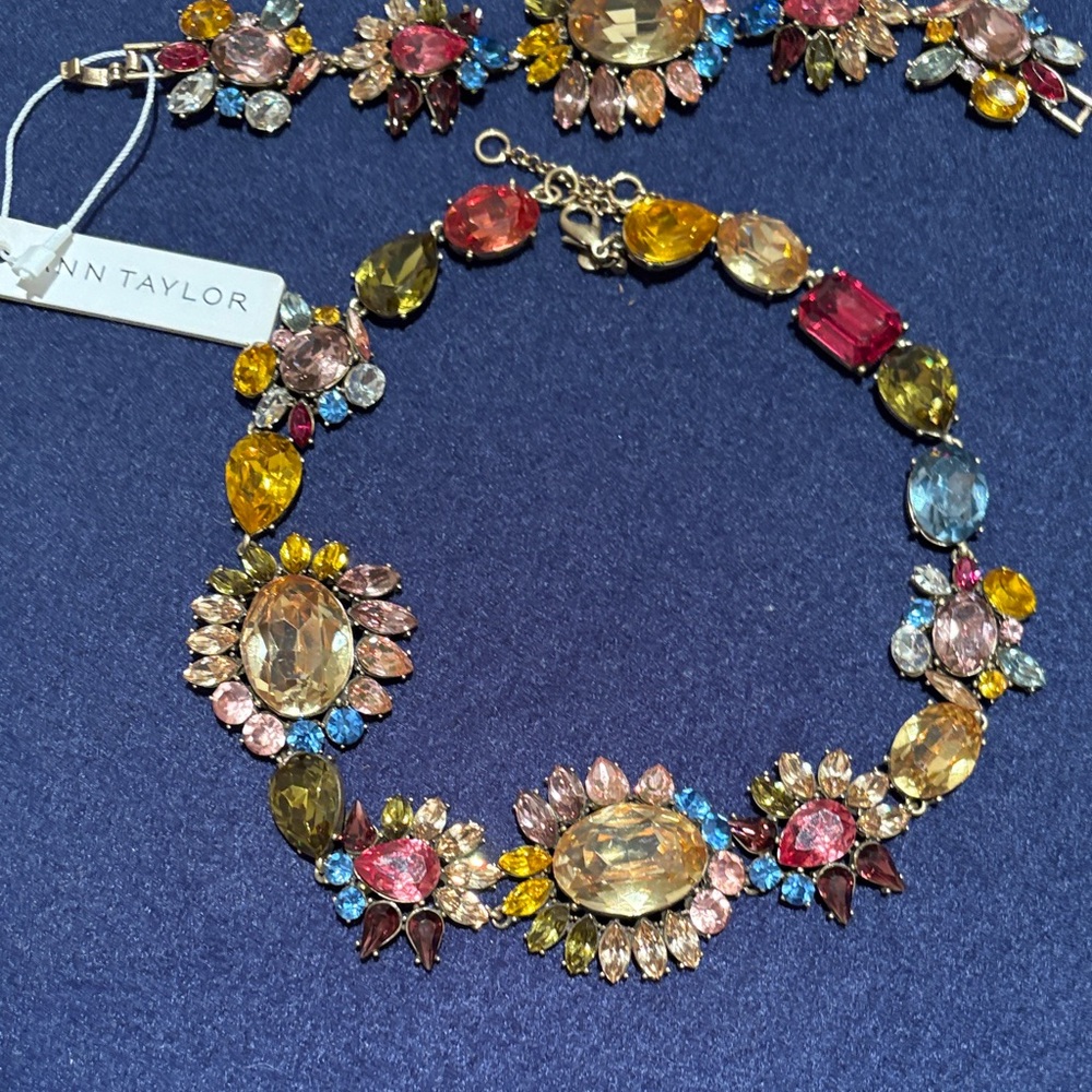 Ann Taylor Multicolor Crystal Floral Collar Necklace and bracelet - Gold